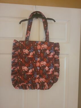 Anthropologie Burgundy Floral Ruffle Tote Bag - NEW!